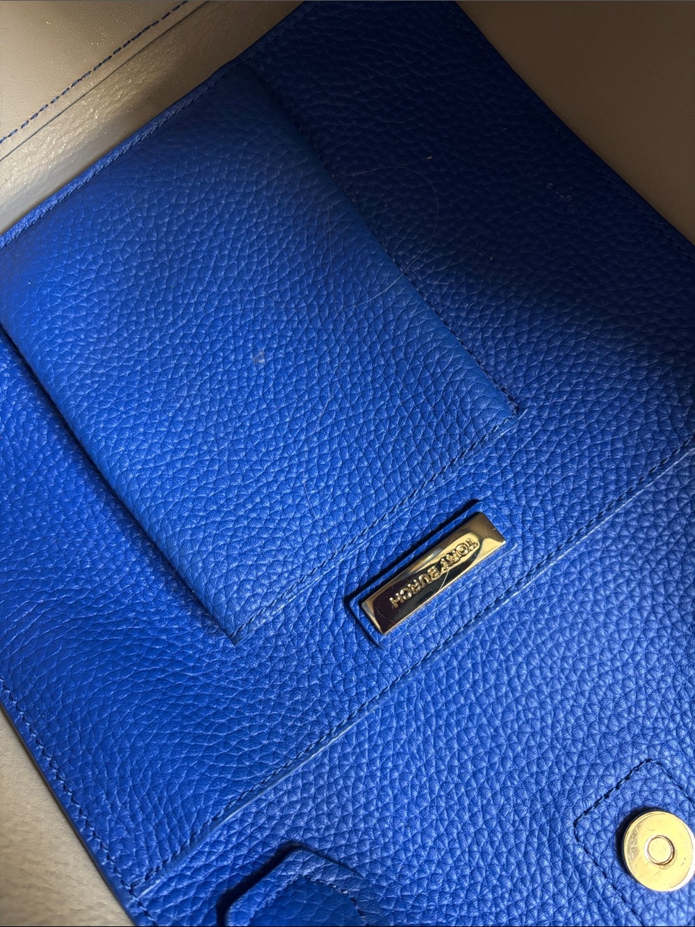 Tory Burch Royal Blue Pebbled Leather Tote with Gold Logo cobalt 2 sm mark
Front - Picture 4 of 6